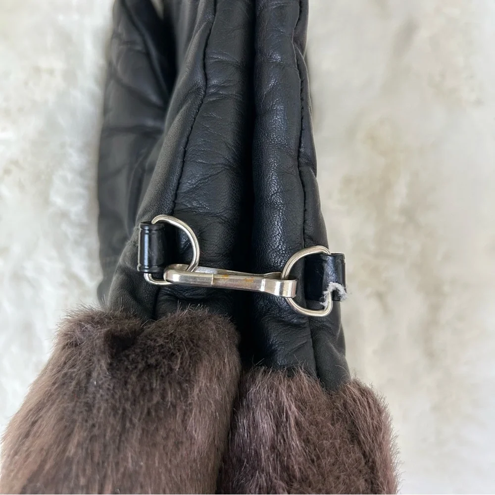 KOMBI Vintage Women’s Leather Mittens Black Faux Fur Cuff Lined S + BONUS Gloves